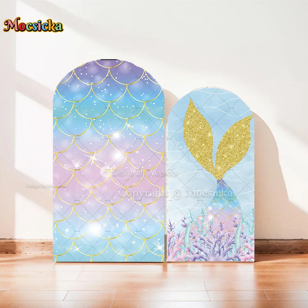 Mocsicka Mermaid Tail Arch Cover Backdrop Glitter Gold Scale Under The Sea Chiara Arch Background Girl Birthday Baby Show Photo
