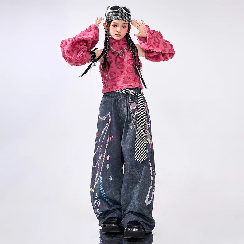 Abiti da ballo jazz per bambini Kpop Outfit Ragazze Spettacolo teatrale Costume da spettacolo Rosa Crop Top Pantaloni in denim Abbigliamento da ballo di strada AMY2676