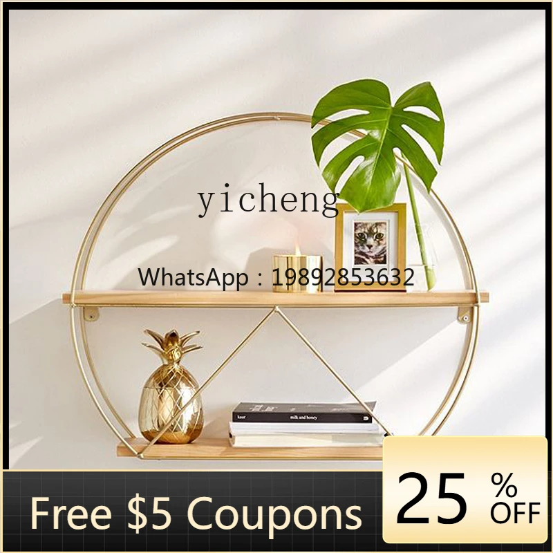 

1 simple solid wood wall hanging rack wrought iron wall round baffle bookshelf wall hanging flower stand