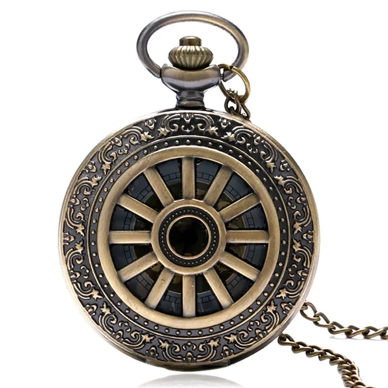 Old Fashion Hollow Out Wheel Cover Unisex Quartz Analog Pocket Watch Necklace Pendant Chain Arabic Numeral Display Clock Gift