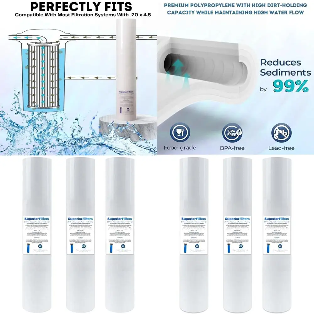 

20 Micron Whole House Water Filter Cartridge - High-Performance 20-Inch Replacement - Compatible with Various Systems (3-Pack)