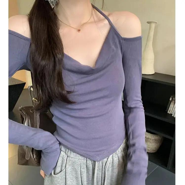 2024 hot girl halter neck tie irregular slim fit long-sleeved T-shirt female inner bottoming blouse top