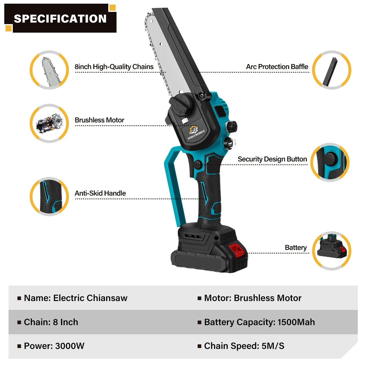 8inch Brushless Electric Saw Cordless Auto Oiler Handheld Garden Wood Cutting Logging Chainsaw Power Tool for Makita 18V Battery