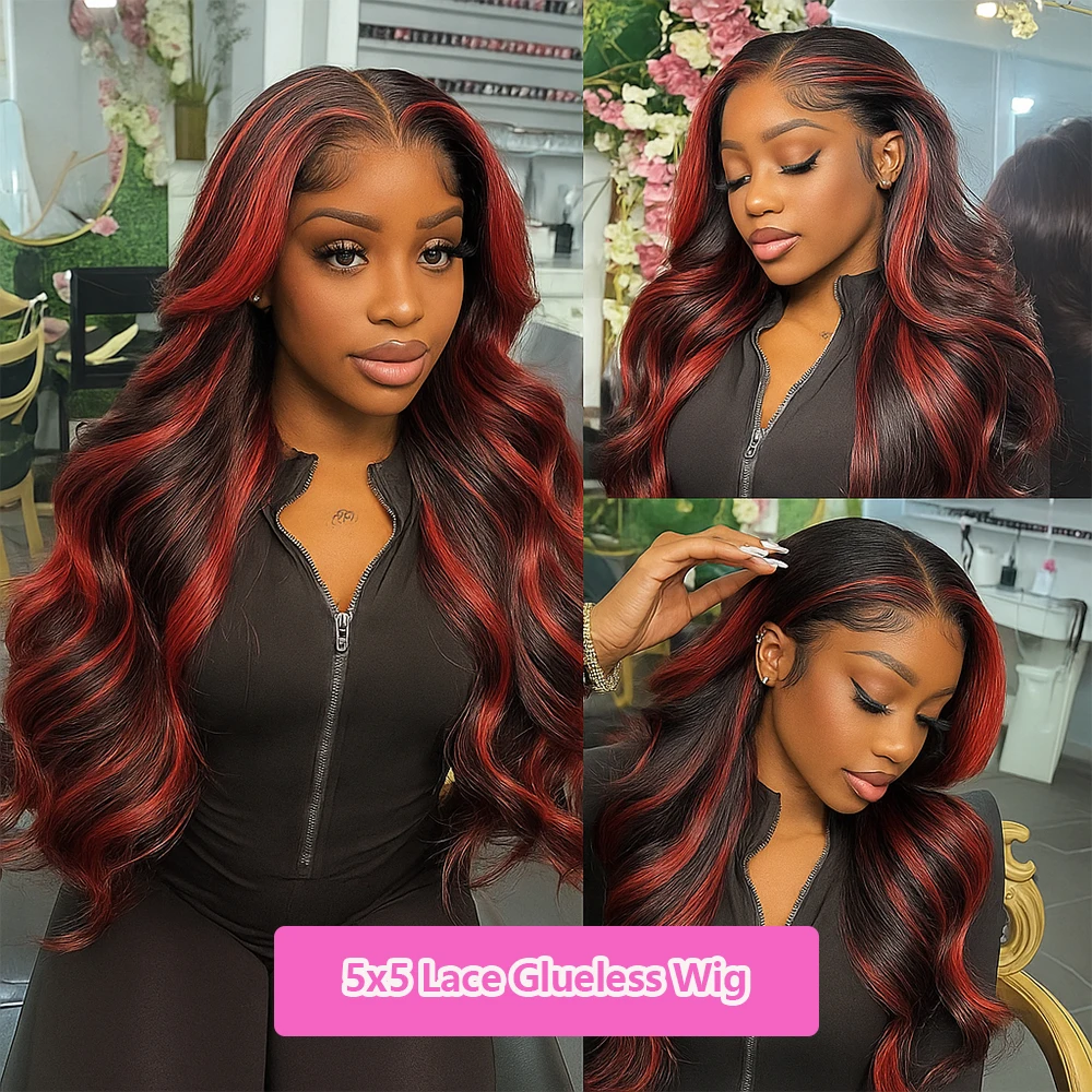 Ombre Red With Blonde Highlights Body Wave 5x5 Glueless Wigs Human Hair Burgundy for Women Pre Plucked 200 Density Colored Wig image 2