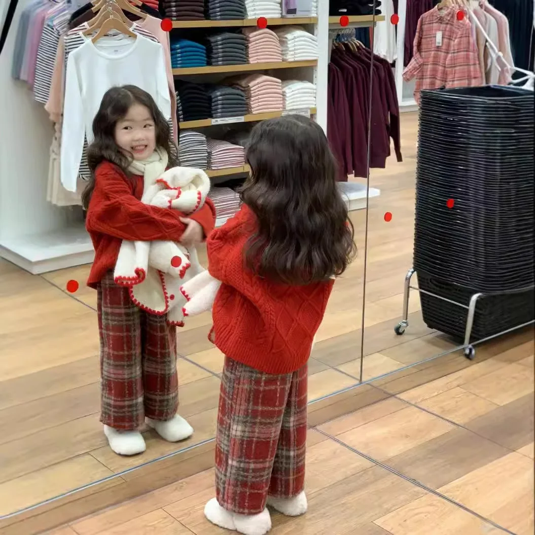 

Baby Girls Sets Red Retro Pullover Thicken Sweater Plaid Pants 2024 Autumn New Korean Style Childrens Clothes