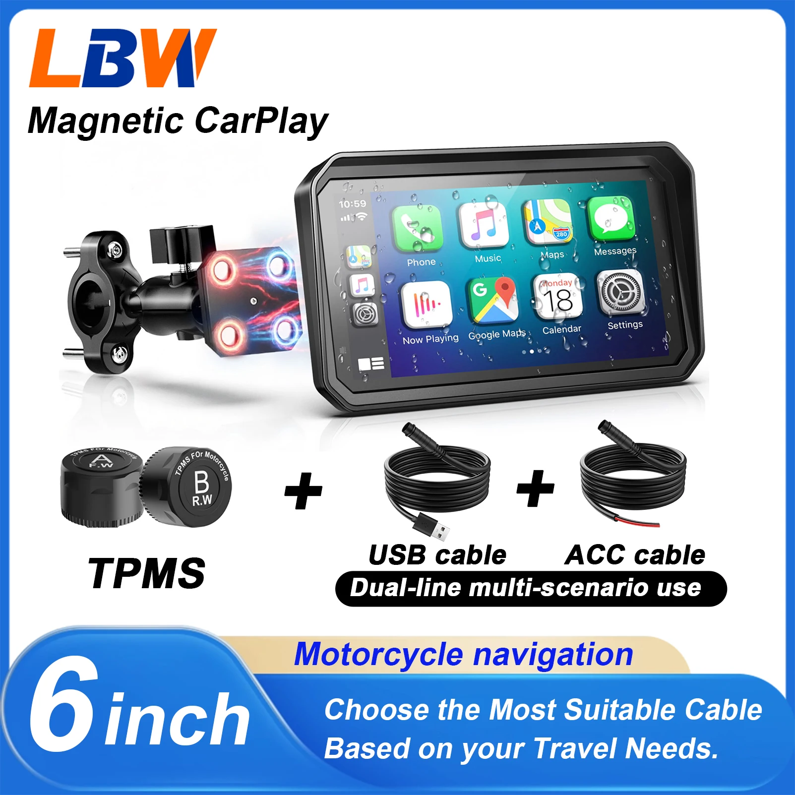 

LBW 6-inch Motorcycle Magnetic GPS Navigation System CarPlay Android Support Optional TPMS USB Cable Suitable For All Car Models