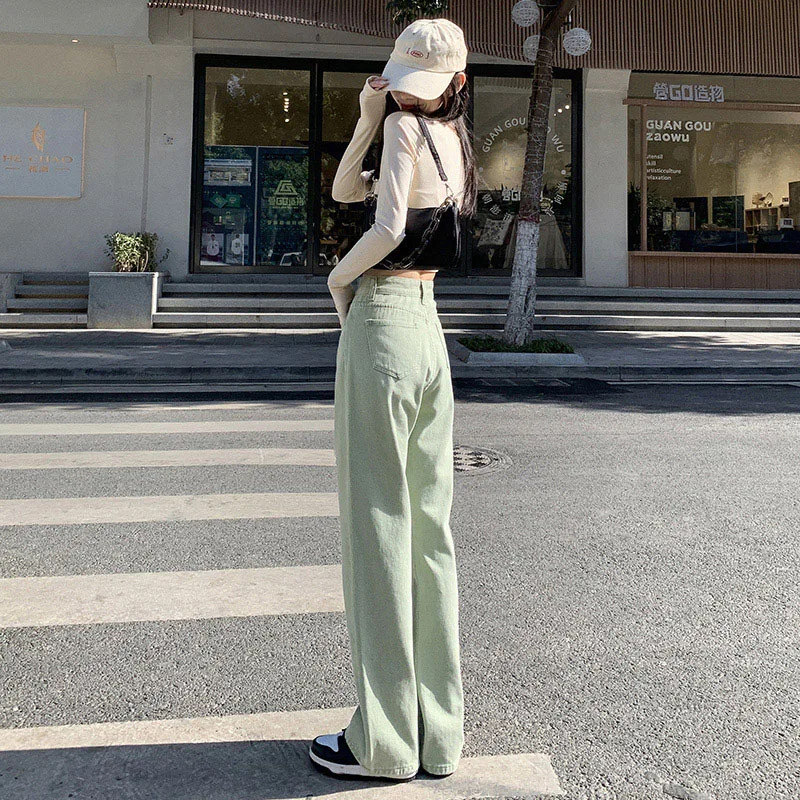 Mint Green High Waist Wide Leg Jeans Summer Y2k Women\'s Jeans Cotton Elastic Loose Mopping Straight Trousers Skinny femme