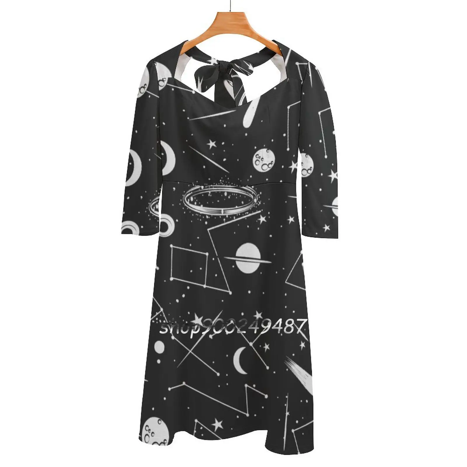 My Own Space Square Neck Dress Sweet Summer Dress Women Elegant Halter Print Dress Space Planets Moon Star Kite Astronomy Stars