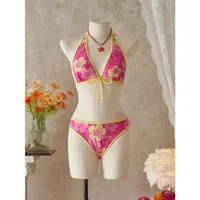 Elegant Floral Color Block Swimsuit Women Triangle Halter High-Waist Bikini Set Cover Up Skirt 2026 New Micro Bikini Three-Piece - Image 3
