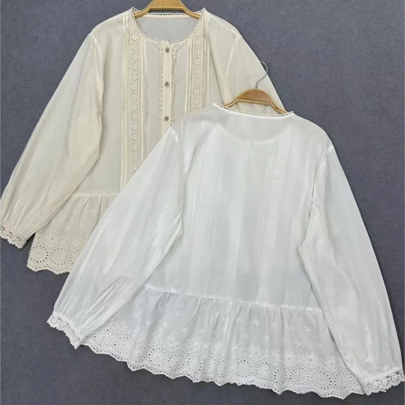 JOHNMOB-Chemise à manches longues brodée en coton pour femme, chemisier à volants doux, Mori Girl, japonais, nouveau, adt, début du printemps, 2024