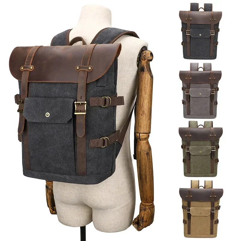 Retro Canvas Backpack Outdoor Travel Backpack Computer Bag Men\'s Crazy Horse Leather Backpack with USB Interface