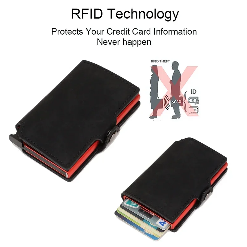 Rfid Credit Card Holder Luxury Split Leather Wallet Men Metal Slim Thin  Minimalist Wallet Bank Cardholder Case Travel Wallet image 5
