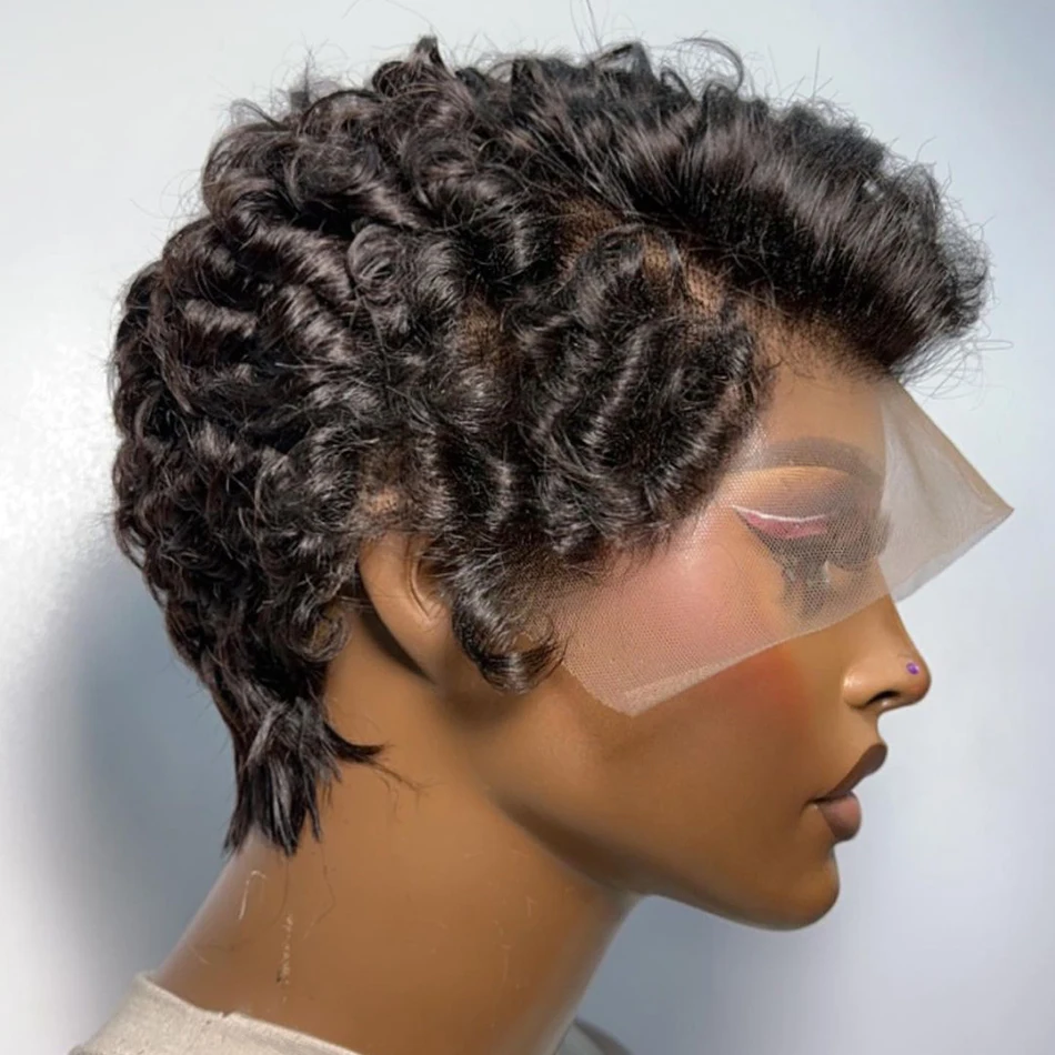 Cheap Pixie Cut Wig Short Curly Lace Front Human Hair Wigs for Black Women Brazilian Finger Wave 13x4 Transparent Lace Wigs Sale