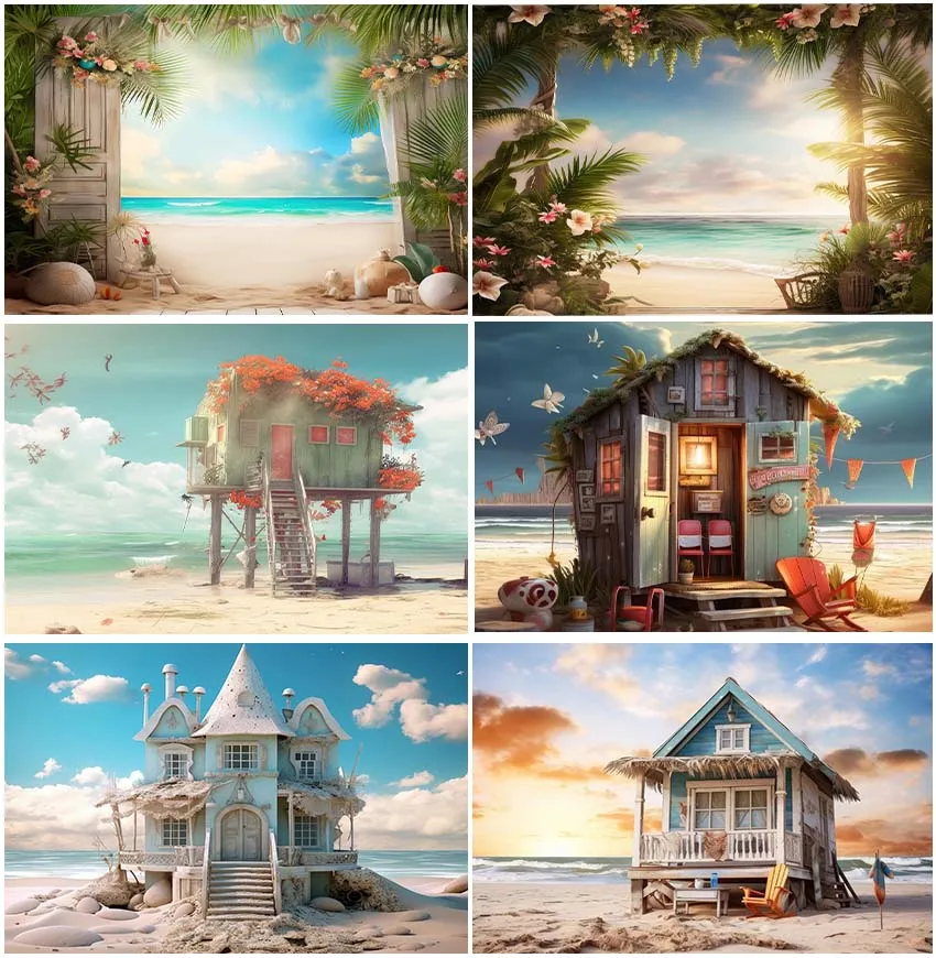 Ocean Seaside Photo Summer Backdrops Sand Family Holiday Vacation Kids Portrait Wooden Cabin Backgrounds Natural Scene Photocall