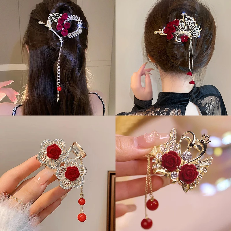 

Red Rose Hair Clip Butterfly Hair Claw Twist Hairclip Women Hairpin Tassel Pill Head Ponytail Buckle Barrette Hair Accessories