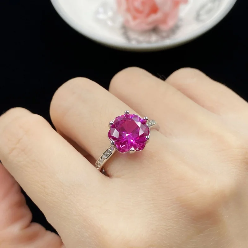 3 Carat Red Corundum Fluorescent Light Color-Changing Elegant Open Ring for Women Inlaid Versatile Daily Niche Simple