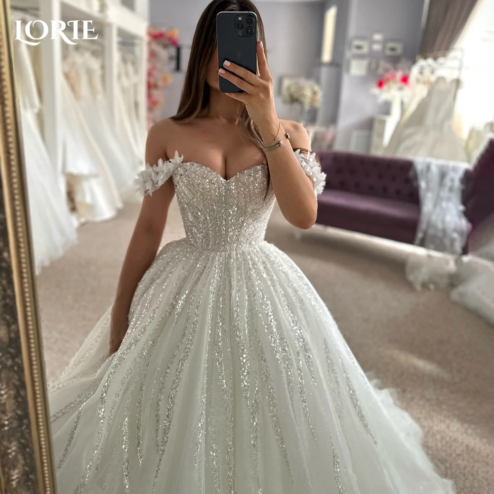 LORIE Suknia Ślubna Vintage Brokatowe Kwiaty 3D Linia A Odkryte Ramiona Dekolt w Serek Suknia Ślubna Księżniczka Błyszcząca Suknia Ślubna Szyta na Miarę