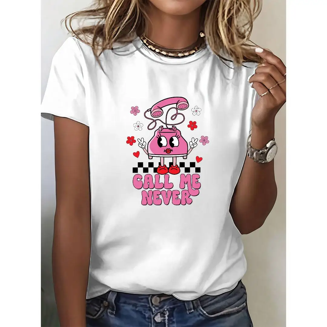 

Y2K Pink Telephone T-Shirt Women, Funny "Call Me Never" Graphic Tee, Retro Cartoon Print Casual Top, Cute Aesthetic Streetwear