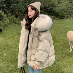 Fur-Neck Parkas Women Hooded Warm Thicken Winter Coats Student Kpop Fashion Clothing Baggy Teens Designer Куртка Женская Зимняя