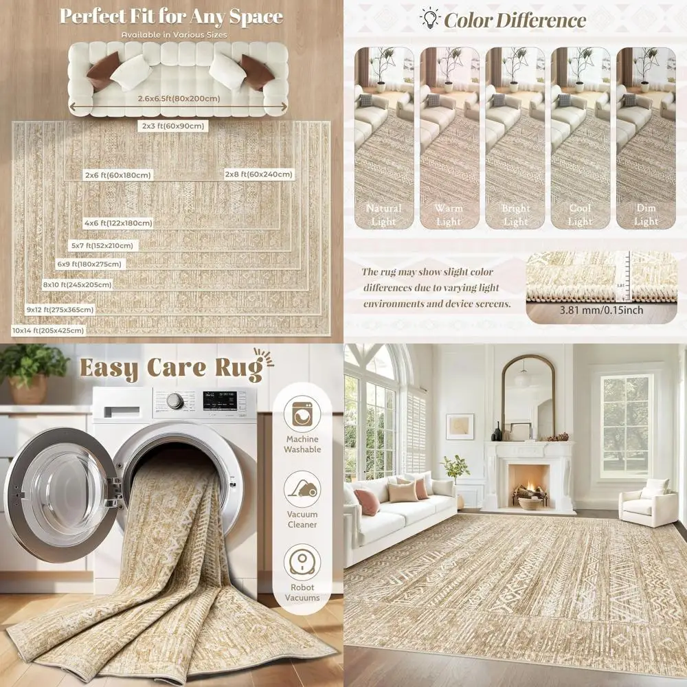 

Геометрический ковер 8x10 в марокканском стиле — моющийся, нескользящий, устойчивый к пятнам для жилых помещений (светло-коричневый)