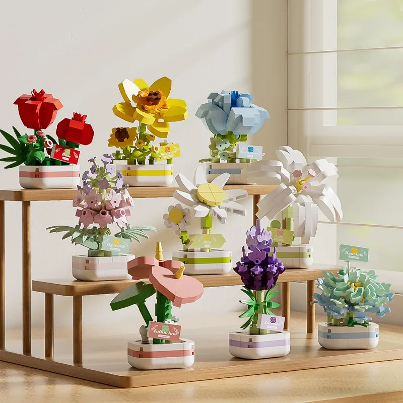 Mekansm MOC Bouquet Potted Plants Micro Puzzle Assembly Building Blocks Eternal Flower Model DIY Decoration Ornaments