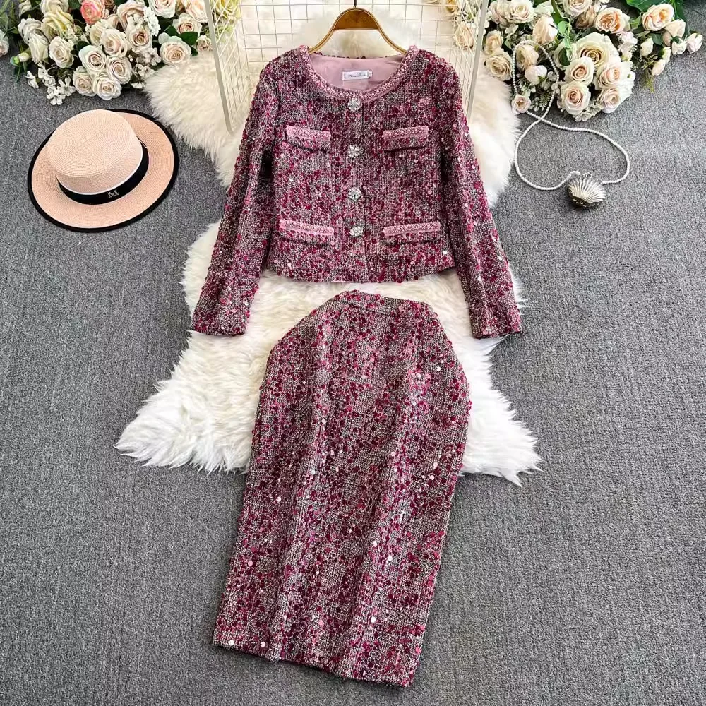 High Quality Winter Tweed Jacket 2 Piece Set Women Diamonds Buttons Pearls Beaded Sequin Weave Coat + A Line Party Skirt Suits