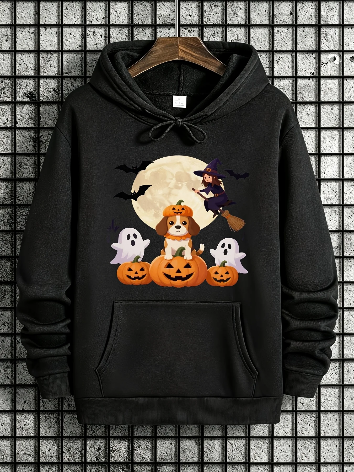 Cute Puppy Pumpkin Ghost Bat Witch Full Moon Halloween Print Men's Casual Hooded Sweatshirt Pullover Machine Washable Long Sleeve Casual Wear