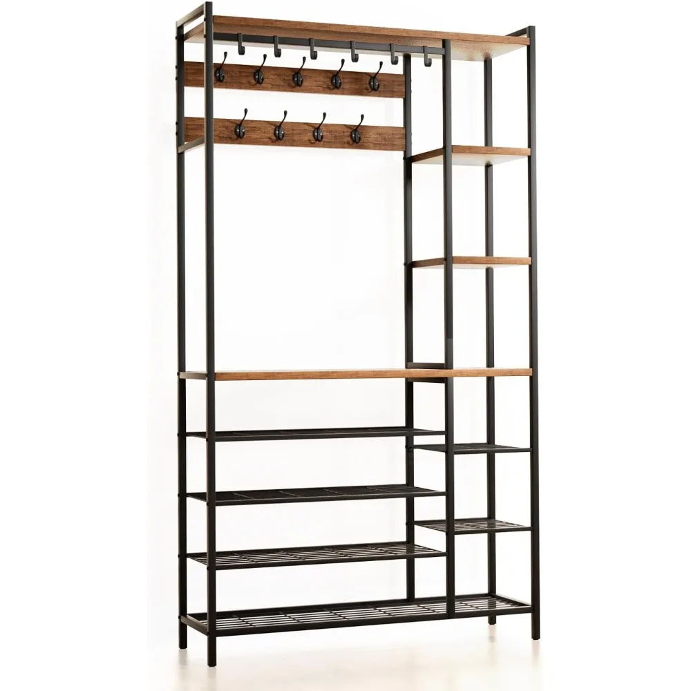 

Вешалка для одежды в прихожей 5 в 1, 15 крючков, отдельно стоящие полки для хранения, 11,81 x 39,37 x 70,87 дюйма, коричневый в деревенском стиле