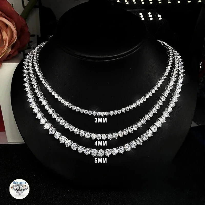 3MM 4MM 5MM D Color VVS1 Moissanite Three Claw Tennis Necklace GRA Certified Pass Diamond Tester S925 Sterling Silver Hip Hop Chain Jewelry For Men Women