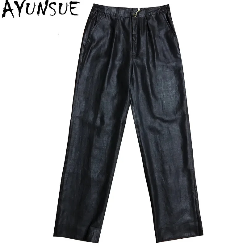 AYUNSUE 100% Mulberry Silk 2025 Summer High Quality Men Trousers Casual Straight Pants Pantalon Ete Homme Loose Fit Black