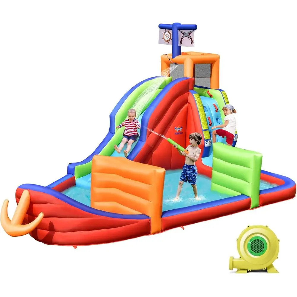 Dmuchana zjeżdżalnia wodna, park wodny z motywem statku pirackiego dla dzieci, zabawa na podwórku z dmuchawą 735W, gra w rzutki, basen z wodą, dmuchany W