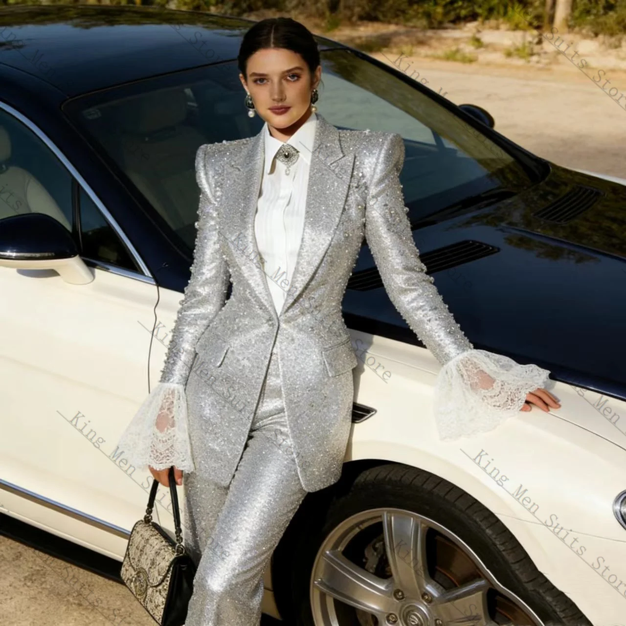 

Glitter Silver Women Suit Set 2 Pcs Blazer+Pants Trousers Crystal Lace Customized Formal Office Wedding Tuxedos Coat Prom Jacket