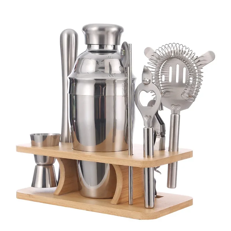 Cross-border explosion, bamboo frame bartending set, stainless steel mushroom head shaker, cocktail bar tools