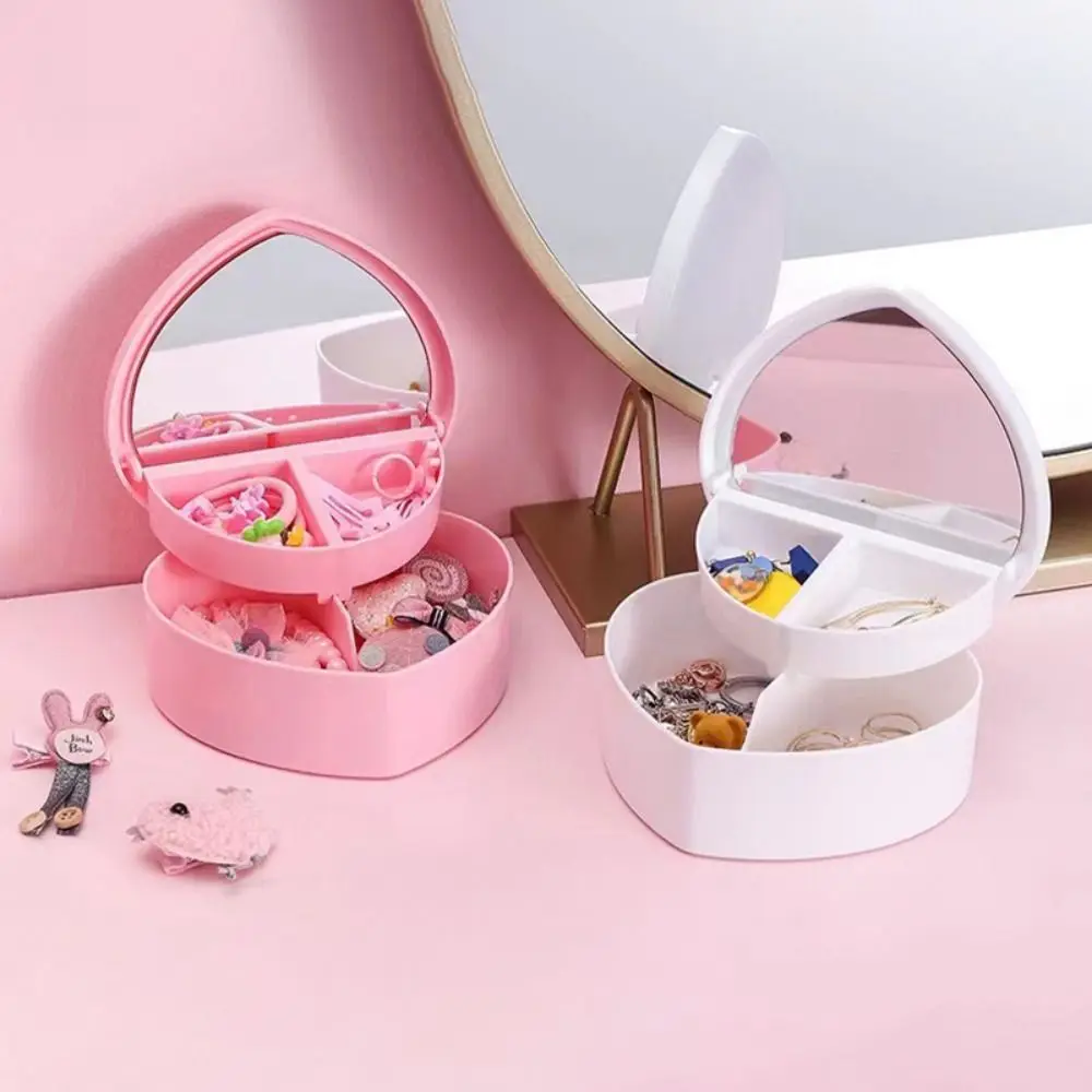 Fashion With Mirror Heart-shaped Jewelry Box Cute Two-layer Desktop Storage Box Cartoon Girls Makeup Storage Box Home