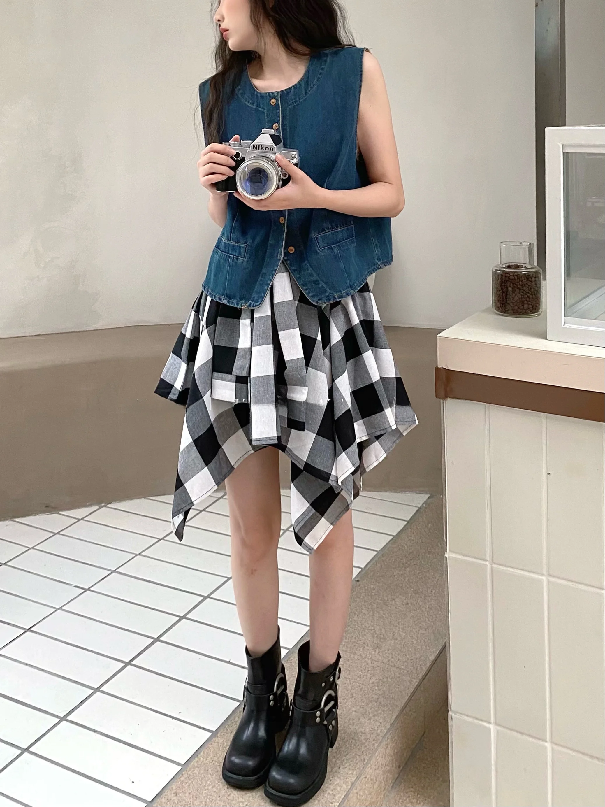 

High Waist Plaid Skirt for Women Summer New Sle Asymmetrical Design Color Blo A-Line Skirt Korean Sle Commute