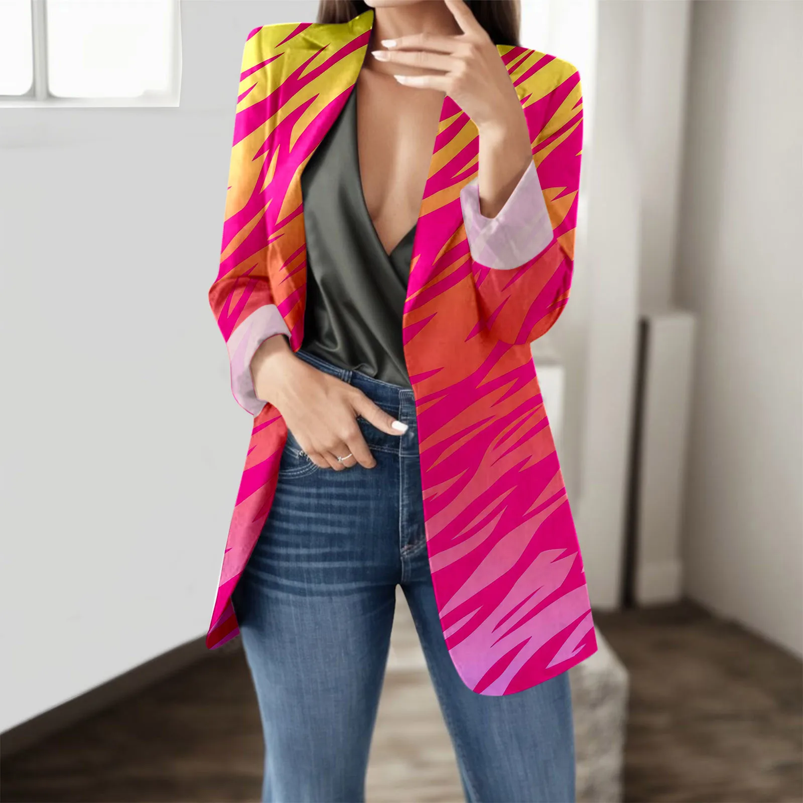 Women Zebra Pattern Printed Jacket Fall Winter Lapel Slim Blazer Suits Coat Cardigan Jacket Long Sleeve Suit Coat For Ladies