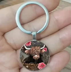 Highland Rose Cow Men's Keychain, Fashion Drawing Circular Keychain, Jewelry Accessories Gifts