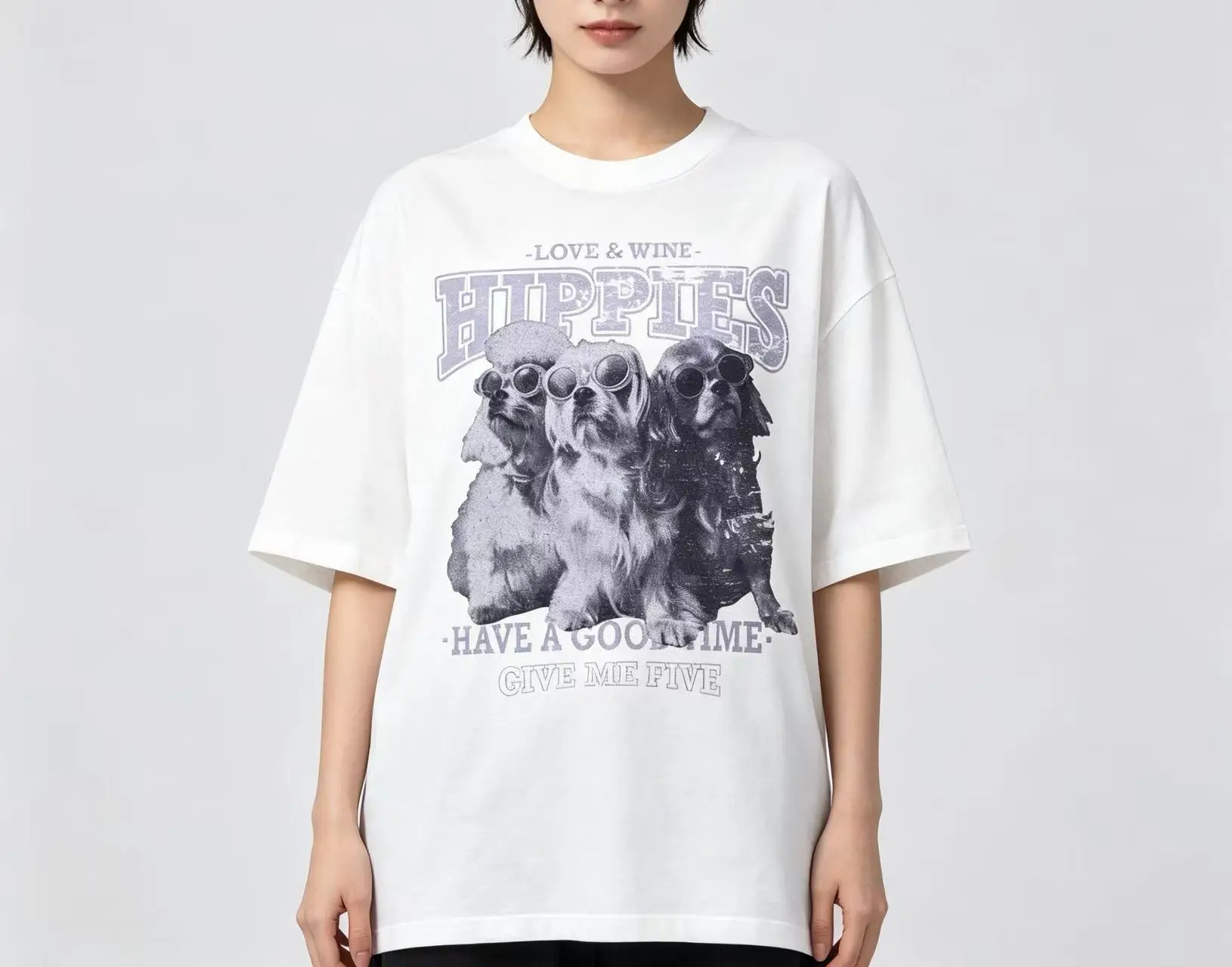 Unisex Hippies Love & Wine Vintage Three Dogs With Sunglasses Retro Distressed Graphic T Shirt Men Women Animal Print Oversized Casual Tee