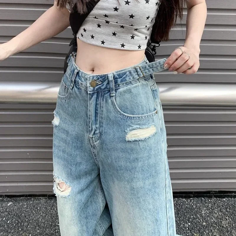 

Girls High Waisted Casual Denim Pants 2025 New Women Chic Designer Loose Fit Jeans Pants Lady Ripped Straight Leg Jeans Trousers
