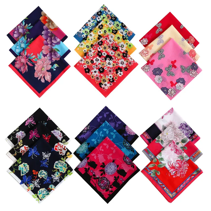 

3Pcs 43x43cm 100% Cotton Dark Color Flower Printed Women Handkerchiefs Vintage Retro Absorbent Wiping Hand Towels