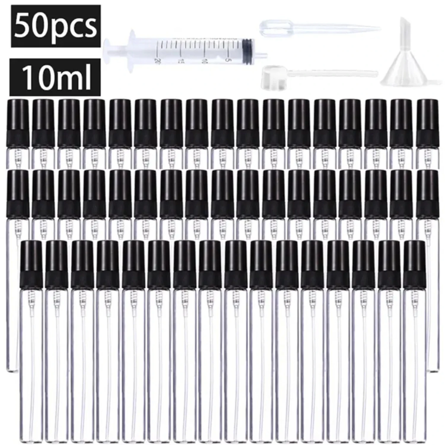 

50pcs 4 Accessories 10ML Refillable Glass Spray Bottle with 50 Spray Bottles, 1 Dropper, 1 Funnel, 1 Dispenser Divan, 1 Syringe