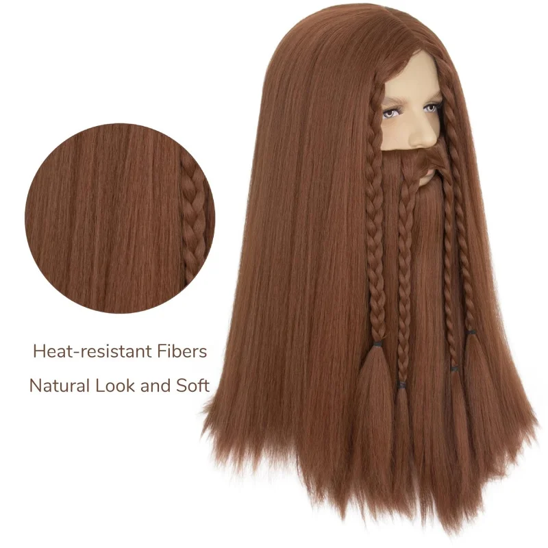 مجموعة شعر مستعار بني طويل مفرود من Miss H ولحية مزيفة للرجال، باروكات فايكنغ مع لحية لحية الهالوين