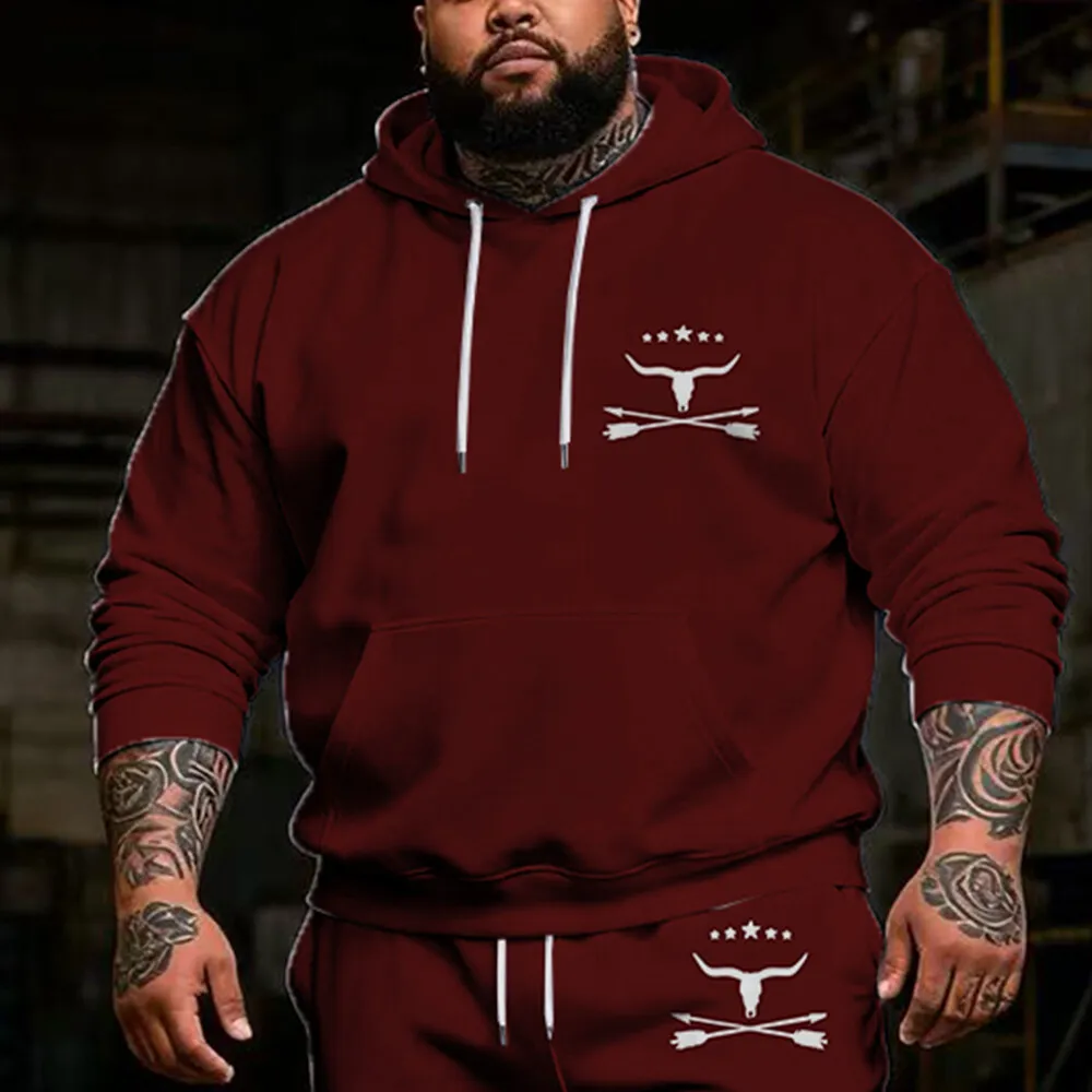 ชุดฮู้ดดี้ผู้ชายไซส์ใหญ่พิเศษ S-9XL: ลายวัวและลายสก็อต - ชุด 2 ชิ้น