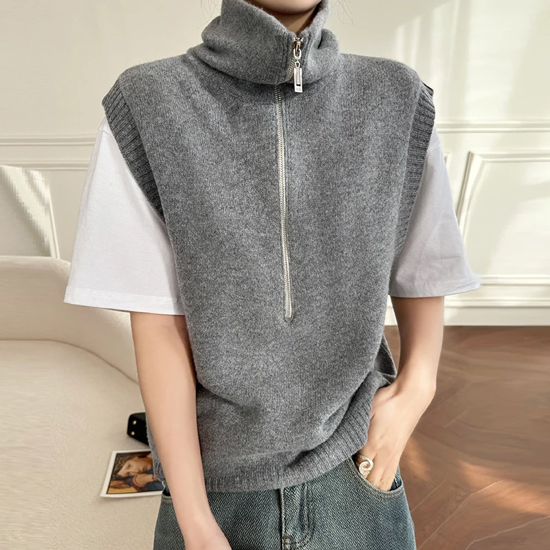 

Spring New High-necked Zipper Vest 100% Merino Wool Women's Clothes Sleeveless Knit Top Wearing Solid Color Vest