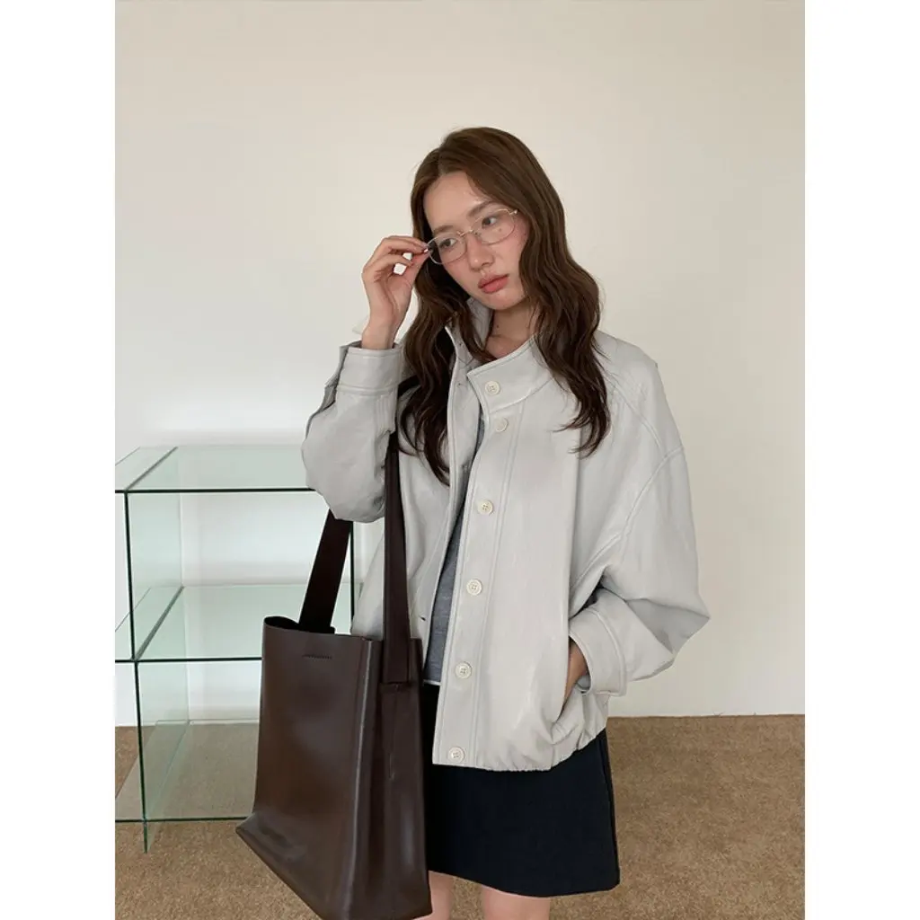 Mind Single-Button PU Leather Jacket Korean Style Minimalist Small Size Coat Outerwear New Arrival Autumn T5502Q