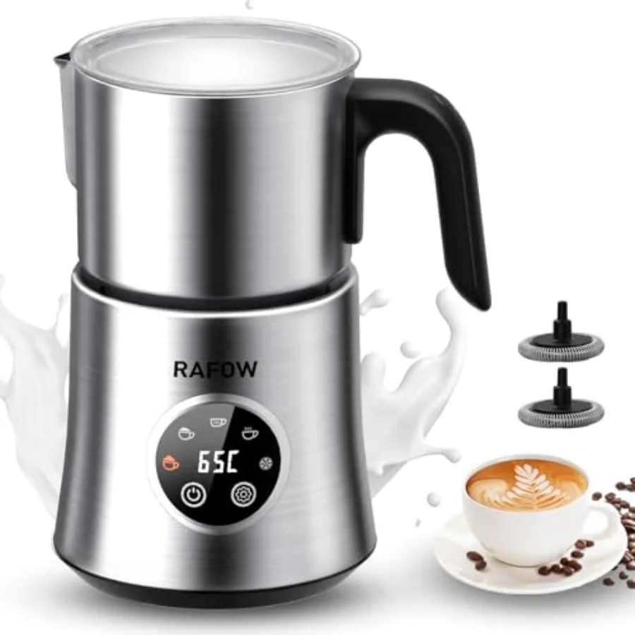 

5 in 1 Electric Milk Frother for cafe-style drinks: stainless steel, white, large 500ml ccity, dishwasher safe, automatic hot c
