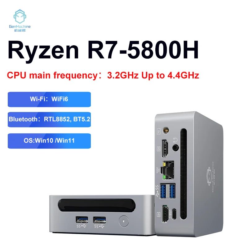 GenMachine Neuer AMD Ryzen 7 5800H Windows 11 MINI PC Computador DDR4 SSD WIFI6 RTL8852, BT5.2 Desktop-Gaming-Computer-Desktops