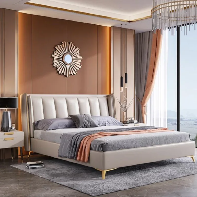 Light Luxury Postmodern 1.8m Leather Bed Master Bedroom Double Leather Bed Simple Size Family Bed Leather Art Solid