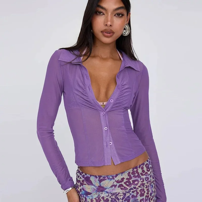 Women Autumn Sexy Sheer Mech Tops Blouse Shirts Single Breaster Shorts Lady Allure Charming Sexi Shirts Purple Black Solid Tops