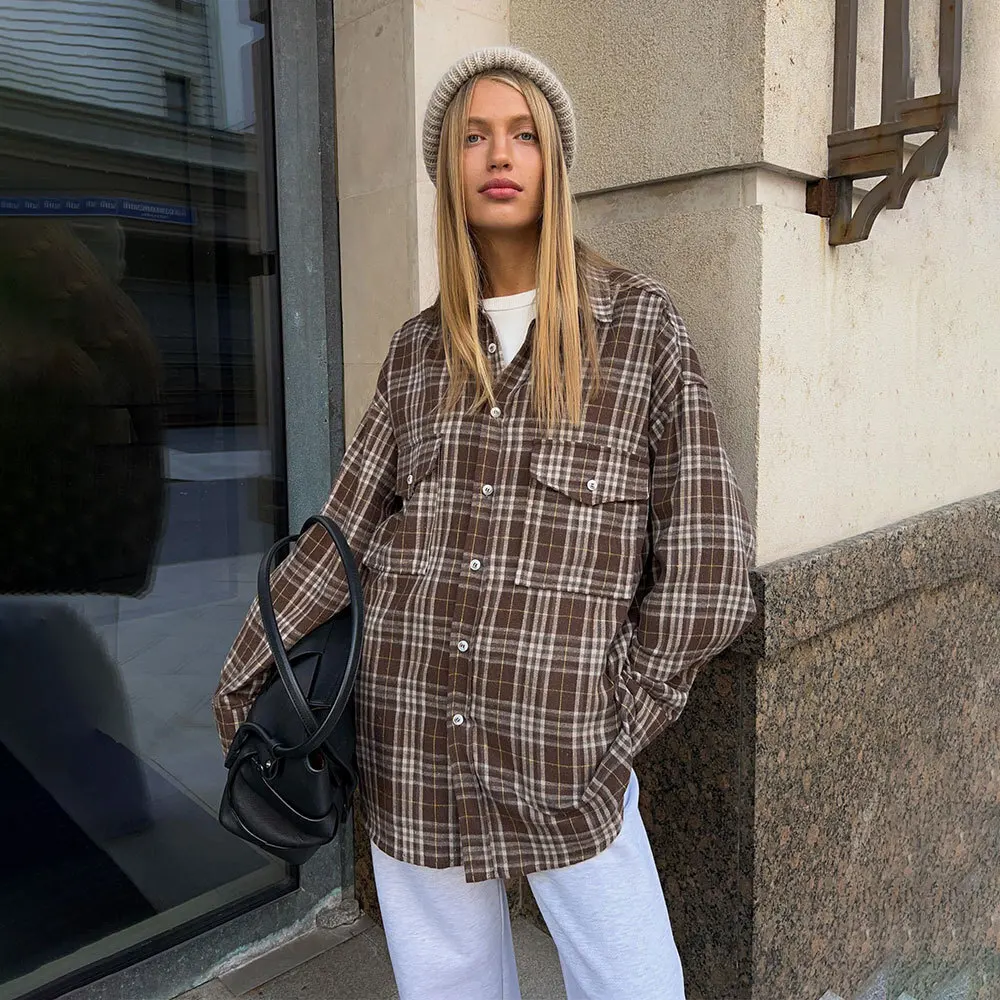 Checkered Shirt for Women Double Pocket Striped Clothing Mid Length Autumn and Winter New Women's Clothes Leisure Personality